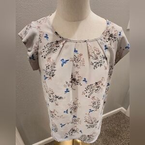 Elegant Floral Blouse - White with Blue and Brown Accents